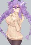  blue_eyes braid breasts cowboy_shot dura hand_on_own_chest large_breasts long_hair looking_at_viewer neptune_(series) power_symbol purple_hair purple_heart smile solo striped sweater symbol-shaped_pupils twin_braids twintails vertical_stripes very_long_hair 