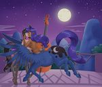  2018 balcony blue_feathers breasts butt cello cutie_mark digital_media_(artwork) duo equine equine_taur eyes_closed feathered_wings feathers female female/female friendship_is_magic full_moon hair hooves horn kissing long_hair mammal moon musical_instrument my_little_pony nauthleroy night octavia_(mlp) outside princess_luna_(mlp) ribbons tail_bow tail_ribbon taur wings 