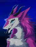  2016 anthro black_tongue blue_background blue_eyes clothed clothing female fur glowing glowing_eyes hair half-closed_eyes headshot_portrait horn inviting multicolored_fur multicolored_hair neck_tuft pink_fur pink_hair portrait seductive sergal sharp_teeth sidgi simple_background slit_pupils solo standing teeth tongue tongue_out topless tuft two_tone_fur two_tone_hair white_fur white_hair 