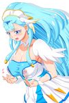  bangs blue_eyes blue_hair breasts capelet circlet cleavage cure_ange dress earrings eyebrows_visible_through_hair forehead_jewel head_chain head_wings headdress hugtto!_precure jewelry kousaka_jun lactation lactation_through_clothes large_breasts long_hair magical_girl nipples open_mouth precure see-through simple_background solo very_long_hair wet wet_clothes white_dress wrist_cuffs yakushiji_saaya 