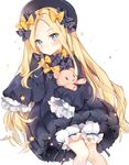  abigail_williams_(fate/grand_order) bangs black_bow black_dress black_hat blonde_hair bloomers blue_eyes blush bow bug butterfly closed_mouth dress eyebrows_visible_through_hair fate/grand_order fate_(series) forehead hair_bow hat insect long_hair long_sleeves looking_at_viewer lying object_hug on_back orange_bow parted_bangs pingo polka_dot polka_dot_bow simple_background sleeves_past_fingers sleeves_past_wrists solo sparkle stuffed_animal stuffed_toy teddy_bear underwear very_long_hair white_background white_bloomers 