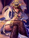  1girl bare_shoulders bracelet breasts brown_eyes brown_hair chinese_clothes crown daisenran!!_sangokushi_battle garter_straps grey_eyes hair_ornament hat hoop_earrings legs lip_biting long_hair looking_at_viewer lying medium_breasts noeldon solo thighhighs zhen_ji 