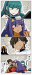  3girls 4koma :d asaya_minoru bangs black_gloves brown_eyes brown_hair cape cleopatra_(fate/grand_order) comic cushion dark_skin directional_arrow earrings egyptian egyptian_clothes eyebrows_visible_through_hair facial_mark fate/grand_order fate_(series) fingernails food fruit gloves green_eyes green_hair hair_between_eyes holding holding_food holding_stylus hood hood_up hoodie hoop_earrings jewelry kotatsu long_hair low-tied_long_hair mandarin_orange manga_(object) multiple_girls nitocris_(fate/grand_order) open_mouth osakabe-hime_(fate/grand_order) ozymandias_(fate) purple_eyes purple_hair ring smile sparkle stylus table tablet translated twitter_username very_long_hair white_cape zabuton 