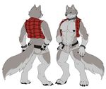  black_nipples canine clothing fur green_eyes grey_fur kitex lapres mammal model_sheet muscular nipples plaid shorts were werewolf 