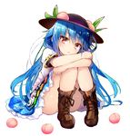  :t antinomy_of_common_flowers bangs bare_legs black_hat blue_hair blue_skirt boots brown_footwear commentary_request efe eyebrows_visible_through_hair food fruit hat hinanawi_tenshi knees_together_feet_apart knees_up long_hair looking_at_viewer md5_mismatch miniskirt panties pantyshot pantyshot_(sitting) peach pink_panties pout puffy_short_sleeves puffy_sleeves red_eyes shirt short_sleeves simple_background sitting skirt solo touhou underwear very_long_hair white_background white_shirt 