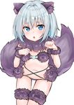  :o absurdres animal_ears bare_shoulders blue_eyes blue_hair blush breasts cosplay dangerous_beast detached_collar eyebrows_visible_through_hair fate/grand_order fate_(series) fur_collar hair_intakes hashiko_nowoto highres looking_at_viewer mash_kyrielight mash_kyrielight_(cosplay) navel open_mouth paw_pose raised_eyebrows revealing_clothes ryuuou_no_oshigoto! shiny shiny_hair short_hair simple_background sitting small_breasts snowflake_print solo sora_ginko stomach tail tareme thigh_gap underboob white_background wolf_ears wolf_tail wristband 
