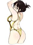  akizuki_ritsuko antenna_hair armpits arms_up ass back back_cutout bangs bare_arms bare_shoulders black-framed_eyewear blunt_bangs blush breasts brown_eyes brown_hair closed_mouth competition_swimsuit cowboy_shot cropped_legs eyebrows_visible_through_hair folded_ponytail glasses highres humiyou idolmaster idolmaster_(classic) medium_breasts one-piece_swimsuit shiny shiny_clothes shiny_hair short_hair sidelocks simple_background smile solo standing swimsuit white_background yellow_swimsuit 