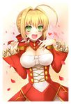  :d absurdres ahoge blonde_hair blush breasts cleavage corset epaulettes fate/extra fate_(series) green_eyes hair_ribbon highres long_sleeves looking_at_viewer medium_breasts nero_claudius_(fate) nero_claudius_(fate)_(all) open_mouth petals red_ribbon ribbon samoore short_hair smile solo 