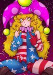  absurdres american_flag_dress american_flag_gloves american_flag_legwear bad_id bad_pixiv_id bangs black_background blonde_hair boots brown_footwear clownpiece commentary_request double_middle_finger dress elbow_gloves gloves gradient gradient_background hat highres jester_cap long_hair looking_at_viewer messy_hair miazuma_sarin microdress middle_finger neck_ruff pantyhose pink_eyes pink_hat polka_dot purple_background sitting sleeveless sleeveless_dress solo spread_legs star star-shaped_pupils star_print striped striped_dress striped_legwear symbol-shaped_pupils touhou 