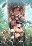  against_tree belt blush breasts breath brown_eyes cleavage commentary_request day felyne goggles goggles_on_head handler_(monster_hunter_world) looking_at_viewer mimonel monster_hunter monster_hunter:_world navel outdoors pants_pull smile solo_focus stomach sweat tree undressing 