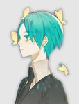  androgynous aqua_eyes aqua_hair bug butterfly butterfly_on_nose expressionless gem_uniform_(houseki_no_kuni) green_eyes green_hair houseki_no_kuni insect necktie pamipamu phosphophyllite short_hair solo upper_body 