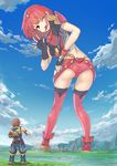  1girl absurdres ass blush bodysuit breasts brown_hair crotchless_pants day field fingerless_gloves giantess gloves hair_ornament highres homura_(xenoblade_2) jewelry large_breasts long_hair looking_at_viewer one_eye_closed red_eyes red_hair rex_(xenoblade_2) short_hair sidelocks sky smile uru_(uru0000) xenoblade_(series) xenoblade_2 yellow_eyes 