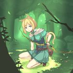  animal_ears aqua_eyes belt blonde_hair bow commentary_request detached_collar dress forest nature off_shoulder one_knee original peroncho quiver sandals short_hair solo tail 