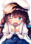  bangs beret blue_eyes blush brown_hair commentary_request dress eyebrows_visible_through_hair fal hand_on_another's_head hat hinatsuru_ai long_hair long_sleeves looking_at_viewer low_twintails one_eye_closed open_mouth petting ryuuou_no_oshigoto! school_uniform twintails very_long_hair 