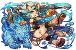  animal_ears armlet blue_eyes blue_hair bright_pupils cat_ears cat_tail claws fang fullbokko_heroes fur furry holding holding_weapon kishibe official_art one_eye_closed open_mouth sandals simple_background solo sparkle tail thigh_strap weapon white_background wrist_cuffs 