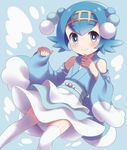  1girl blue_eyes blue_hair blush brionne brionne_(cosplay) bun_cover cosplay double_bun freckles furisode japanese_clothes pokemon pokemon_(anime) pokemon_sm pokemon_sm_(anime) porocha short_hair smile suiren_(pokemon) 