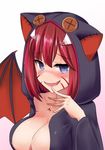  animal_hood areolae bad_id bad_pixiv_id bangs bat_wings blood blue_eyes blush breasts collarbone commentary_request copyright_request covered_nipples eyebrows_visible_through_hair facepaint fang finger_to_mouth highres hood hoodie large_breasts looking_at_viewer naked_hoodie natu_sksp nekoma_(virtual_nekomimi_majokko_youtuber_ojisan) nose_blush open_clothes open_hoodie open_mouth red_hair short_hair slit_pupils smile solo upper_body virtual_youtuber wings 