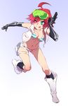  bikini bikini_top blue_eyes commentary feguimel goggles goggles_on_head highres licking_lips looking_to_the_side luluco navel open_clothes open_vest red_hair short_shorts shorts smile solo stomach striped striped_bikini swimsuit tongue tongue_out trigger-chan trigger_(company) uchuu_patrol_luluco vest 