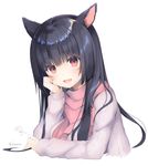  animal_ears artist_name bad_id bad_pixiv_id bangs black_hair blush breasts cat_ears eyebrows_visible_through_hair facial_mark fang final_fantasy final_fantasy_xiv hand_on_own_cheek kanora long_hair long_sleeves looking_at_viewer medium_breasts miqo'te open_mouth pink_scarf red_eyes scarf shiny shiny_hair simple_background solo sweater upper_body whisker_markings white_background white_sweater 