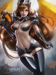  alternate_costume armor bikini_armor black_gloves black_legwear blurry blurry_background breasts cleavage commentary cowboy_shot crown d.va_(overwatch) d.va_the_destroyer elbow_gloves gloves heroes_of_the_storm holding holding_weapon lipstick lolliedrop long_hair looking_at_viewer makeup navel overwatch parted_lips patreon_username red_hair shoulder_armor signature solo standing thigh_gap thighhighs weapon yellow_eyes 