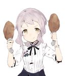  &gt;:) bangs black_skirt chicken_leg closed_mouth club_(shape) commentary_request diamond_(shape) food hands_up head_tilt heart highres holding holding_food idolmaster idolmaster_million_live! looking_at_viewer makabe_mizuki ooyama_imo shirt short_sleeves sidelocks silver_hair simple_background skirt smile solo spade_(shape) v-shaped_eyebrows white_background white_shirt yellow_eyes 
