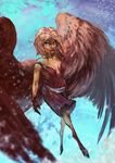  2015 avian breasts brown_hair digital_media_(artwork) digital_painting_(artwork) feathered_wings feathers female hair harpy pennawings solo tan_hair wings 