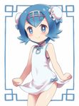  1girl blue_hair blush bun_cover china_dress chinese_clothes double_bun freckles pokemon pokemon_(anime) pokemon_sm pokemon_sm_(anime) porocha short_hair smile suiren_(pokemon) 