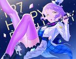  commentary_request happy_birthday hat idolmaster idolmaster_million_live! looking_at_viewer makabe_mizuki mimizubare open_mouth purple_hair short_hair skirt solo staff thighhighs top_hat yellow_eyes 