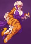  2018 anthro big_breasts breasts buxbi buxbi_(character) claws clothing feline female footwear hair hi_res high_heels looking_at_viewer mammal nipple_bulge pink_nose purple_background shoes simple_background solo stripes tiger white_hair 