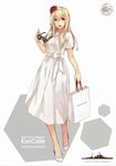  absurdres bag blonde_hair blue_eyes dress flower full_body high_heels highres kantai_collection konishi_(koconatu) mitsukoshi_(department_store) official_art open_mouth red_flower red_rose ribbon_trim rose source_request standing sunglasses warspite_(kantai_collection) white white_dress 