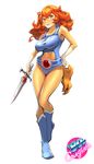 80s absurdres belt boots breasts full_body genderswap genderswap_(mtf) hand_on_hip highres large_breasts leotard lion-o looking_at_viewer oldschool one3four! short_sword simple_background solo sword tail thundercats tongue tongue_out weapon 
