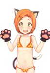  :d absurdres animal_ears atg_(wttoo0202) bikini blush cat_ears cat_tail child commentary_request flat_chest gloves hair_ornament hairclip highres idolmaster idolmaster_cinderella_girls looking_at_viewer navel open_mouth orange_hair paw_gloves paws polka_dot polka_dot_bikini revision ryuuzaki_kaoru short_hair simple_background smile solo standing swimsuit tail white_background yellow_bikini yellow_eyes 
