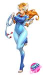  80s absurdres bodysuit breasts covered_navel full_body genderswap genderswap_(mtf) highres large_breasts looking_at_viewer oldschool one3four! simple_background solo sweatdrop tail thundercats toeless_legwear toes tygra whip 