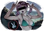  ahegao bar_censor beach bikini censored commentary day double_v eyewear_on_head glasses green_eyes identity_censor implied_sex original pink_hair rolling_eyes short_hair solo swimsuit tongue tongue_out twinpoo twintails v 