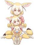  :3 :d animal_ears blush blush_stickers brown_eyes chibi commentary commentary_request extra_ears eyebrows_visible_through_hair fennec_(kemono_friends) food fox_ears fox_tail fur_collar highres holding_ears japari_bun japari_symbol kemono_friends looking_at_another looking_at_viewer multiple_girls multiple_persona open_mouth pink_sweater short_hair simple_background sitting sitting_on_lap sitting_on_person skirt smile striped_tail sweater tail takatsuki_nao white_background white_skirt 