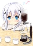  absurdres bangs blue_eyes blush coffee coffee_maker_(object) commentary_request crossed_arms cup eighth_note eyebrows_visible_through_hair fire gochuumon_wa_usagi_desu_ka? hair_between_eyes hair_ornament highres kafuu_chino long_hair long_sleeves looking_at_viewer maru_shion musical_note shirt sidelocks silver_hair smile solo table white_shirt x_hair_ornament 