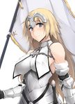  blonde_hair blue_eyes breasts commentary_request fate/grand_order fate_(series) flag headpiece jeanne_d'arc_(fate) jeanne_d'arc_(fate)_(all) long_hair looking_at_viewer medium_breasts simple_background smile solo white_background zekkyon 