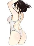  akizuki_ritsuko antenna_hair armpits arms_up ass back back_cutout bangs bare_arms bare_shoulders black-framed_eyewear blunt_bangs blush breasts brown_eyes brown_hair closed_mouth competition_swimsuit cowboy_shot cropped_legs eyebrows_visible_through_hair folded_ponytail glasses highres humiyou idolmaster idolmaster_(classic) medium_breasts one-piece_swimsuit shiny shiny_clothes shiny_hair short_hair sidelocks simple_background smile solo standing swimsuit wet wet_clothes wet_swimsuit white_background white_swimsuit 