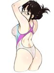  akizuki_ritsuko antenna_hair armpits arms_up ass back back_cutout bangs bare_arms bare_shoulders black-framed_eyewear blunt_bangs blush breasts brown_eyes brown_hair closed_mouth competition_swimsuit cowboy_shot cropped_legs eyebrows_visible_through_hair folded_ponytail glasses highres humiyou idolmaster idolmaster_(classic) medium_breasts multicolored multicolored_clothes multicolored_swimsuit one-piece_swimsuit shiny shiny_clothes shiny_hair short_hair sidelocks simple_background smile solo standing swimsuit wet wet_clothes wet_swimsuit white_background 