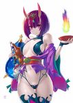  bob_cut breasts cup eyebrows_visible_through_hair fate/grand_order fate_(series) horns looking_at_viewer md5_mismatch medium_breasts murasaki_nyaa navel oni oni_horns pale_skin pink_eyes purple_hair sakazuki short_hair shuten_douji_(fate/grand_order) simple_background solo standing thighhighs white_background 