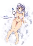  bare_arms bare_legs bare_shoulders barefoot bikini breasts bucket character_name cleavage expressionless eyebrows_visible_through_hair from_above full_body hat large_breasts lavender_eyes lavender_hair letty_whiterock looking_at_viewer ototobe scarf snow snowman solo string_bikini swimsuit thigh_gap touhou white_background white_bikini white_hat white_scarf 