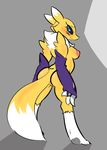  2017 absurd_res anthro badassbaal black_sclera blush breasts butt canine digimon female fur grey_background hi_res looking_back mammal nipples renamon shy simple_background solo standing 