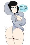  1girl ass black_hair blue_eyes breasts cleavage clothing english_text eyebrows hood hoodie huge_ass jinu leotard open_mouth sex_doll short_hair solo text wm_doll 