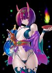  black_background bob_cut breasts cup eyebrows_visible_through_hair fate/grand_order fate_(series) horns looking_at_viewer md5_mismatch medium_breasts murasaki_nyaa navel oni oni_horns pale_skin pink_eyes purple_hair sakazuki short_hair shuten_douji_(fate/grand_order) solo standing thighhighs 