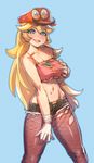  adapted_costume blonde_hair blue_background blue_eyes blush body_piercings bow_(bhp) breasts cappy_(mario) crop_top cutoffs eyebrows_visible_through_hair fishnet_pantyhose fishnets gloves large_breasts long_hair looking_at_viewer mario mario_(series) midriff navel no_bra open_mouth pantyhose possessed princess_peach revision self_fondle short_shorts shorts solo spaghetti_strap standing strap_slip super_mario_bros. super_mario_odyssey torn_clothes torn_legwear underboob very_long_hair white_gloves 