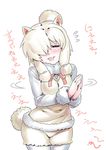  alpaca_ears alpaca_suri_(kemono_friends) alpaca_tail animal_ears blonde_hair blush closed_eyes cowboy_shot flying_sweatdrops fur-trimmed_sleeves fur_collar fur_trim hair_over_one_eye hands_up kemono_friends long_hair long_sleeves open_mouth own_hands_together pantyhose pantyhose_under_shorts shorts simple_background smile solo standing sweater_vest tail translation_request tsuki_wani white_background 