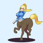  alternate_species big_breasts blonde_hair breasts centaur clothed clothing equine equine_taur female gun hair hooves huge_breasts limebreaker mammal metroid nintendo ranged_weapon samus_aran simple_background solo standing taur video_games weapon wide_hips 