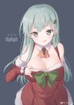  1girl :q blue_background breasts character_name cleavage detached_sleeves dress emia_wang eyebrows_visible_through_hair fur_trim green_eyes green_hair hair_ornament hairclip kantai_collection large_breasts long_hair looking_at_viewer red_dress santa_costume simple_background sleeves_past_wrists solo suzuya_(kantai_collection) tongue tongue_out weibo_username 