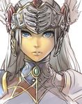  blue_armor blue_eyes commentary face grey_hair hankuri helmet lenneth_valkyrie lips long_hair looking_at_viewer parted_lips shoulder_armor simple_background solo spaulders upper_body valkyrie_profile visor_(armor) white_background winged_helmet 