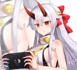  bad_hands bangs bare_arms bare_shoulders blush bow breasts bright_pupils closed_mouth eyebrows_visible_through_hair fate/grand_order fate_(series) hair_between_eyes hair_bow headband holding horns japanese_clothes kimono long_hair medium_breasts nintendo_switch playing_games red_bow red_eyes ribbon shiny shiny_hair sleeveless sleeveless_kimono smile solo straight_hair tomoe_gozen_(fate/grand_order) upper_body very_long_hair white_kimono xenonstriker yellow_pupils yellow_ribbon zoom_layer 
